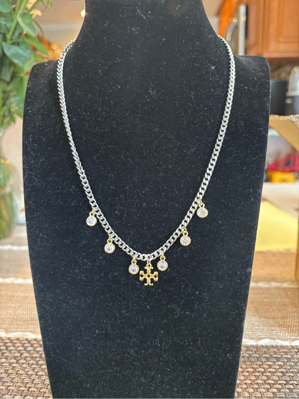 Tory Burch Two-Tone Silver Chain Necklace with Gold Logo and Crystal Drops